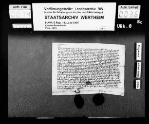 Abt Johann und der Konvent zu Bronnbach transsumieren als Revers den Tauschbrief StAWt-G Rep. 15 Lade XXIV Nr. 8 Transsumpt.