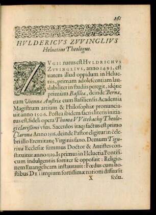 Huldericus Zwinglius Helvetius Theologus.