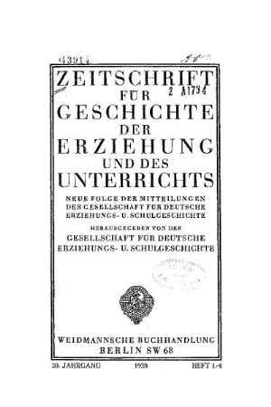 20: Zeitschrift für Geschichte der Erziehung und des Unterrichts - 20.1934