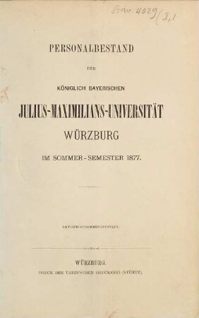 Personalbestand der Königlich-Bayerischen Julius-Maximilians-Universität Würzburg. 1878. SS.