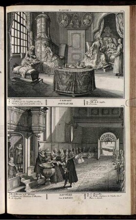 Planche. I. : No. 1. L'Enfant Nouveau-ne ; No. 2. Baptême d'un Enfant