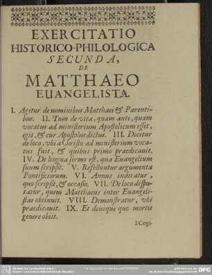 Exercitatio Historico-Philologica Secunda, De Matthaeo Evangelista