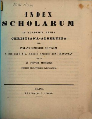 Index scholarum in Academia Regia Christiana Albertina, SS 1845