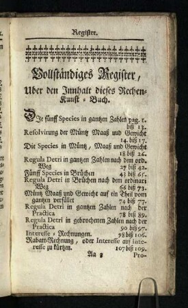 Vollstaendiges Register, Uber der Innhalt dieses Rechen- Kunst-Buch