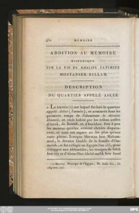 Addition Au Mémoire Historique Sur La Vie Du Khalife Fatimite Mostanser-Billah.