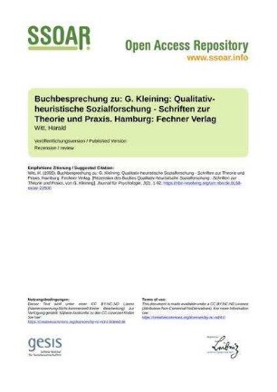 Buchbesprechung zu: G. Kleining: Qualitativ-heuristische Sozialforschung - Schriften zur Theorie und Praxis. Hamburg: Fechner Verlag