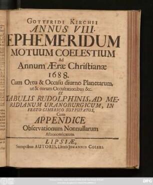 8: Cum Appendice Observationum Nonnullarum Astronomicarum