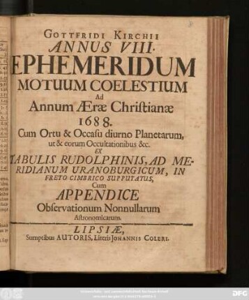 8: Cum Appendice Observationum Nonnullarum Astronomicarum