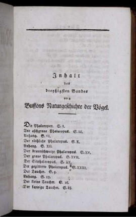 Inhalt des dreyßigsten Bandes von Buffons Naturgeschichte der Vögel.