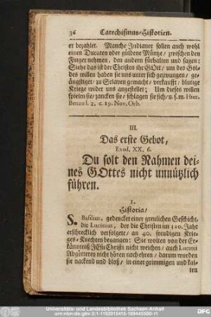 III. Das erste Gebot, Exod. XX. 6. Du solt den Nahmen deines Gottes nicht unnützlich führen.