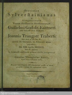 1810: Orationes Sylverstainianas ... in Gymnasii auditorio primae classis habendas indicit