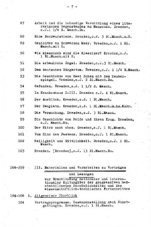 III. Materialien und Vorarbeiten zu Vorträgen