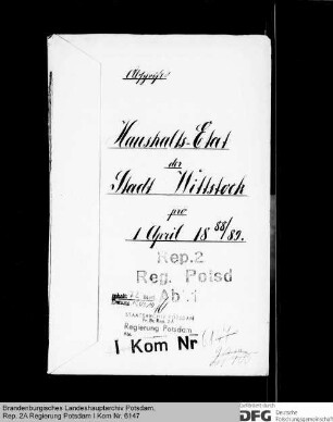 Haushaltsplan der Stadt Wittstock für das Rechnungsjahr 1888-1889