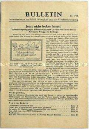 Illegales Informationsblatt der KPD "Bulletin" u.a. zu einer atomwaffenfreien Zone in Mitteleuropa