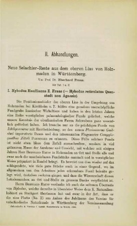 Neue Selachier-Reste aus dem oberen Lias von Holzmaden in Württemberg. I. Hybodus Hauffianus. II. Palaeospinax Smith Woodwardii.