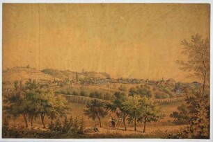 Panorama der Lößnitz-Weinberge in Radebeul-Oberlößnitz von der Spitzhaustreppe im Westen (links) und dem Spitzhaus bis zum alten Mäuseturm