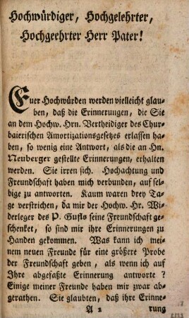 Sendschreiben an dem Hochwürdigen Herrn Vertheidiger des P. Veremund Gufls, in welchem die Erinnerungen an dem Hochw. Herrn Wiederleger des P. Gufls beantwortet werden