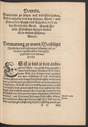 Vermanung zu warer/ Gotseliger Christlicher/ und bestendiger bekentnis/ mit allen iren eigenschafften/ darauff sie gegründet und erbawet sein sol.