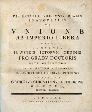 Dissertatio Ivris Vniversalis Inavgvralis De Vnione Ab Imperio Libera