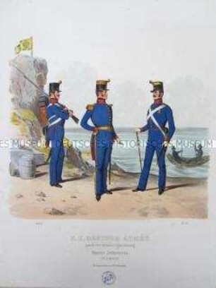 Uniformdarstellung, Gemeiner, Offizier und Unteroffizier der Marine-Infanterie in Parade-Uniform, Österreich, 1840. Tafel aus: Trentsensky: K.K. Oesterreichische Armée nach der neuen Adjustirung.
