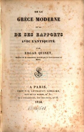 De la Grèce Moderne et de ses Rapports avec l'Antiquité