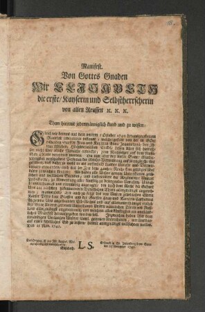 [Manifest. Von Gottes Gnaden Wir Elisabeth die erste/ Kayserin und Selbstherrscherin von allen Reussen [et]c.]