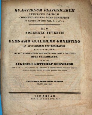 Qua solemnia juvenum e Gymnasio Guilielmo-Ernestino in litterarum universitatem dimittendorum ... rite celebranda indicit. 1838/39 (1839)