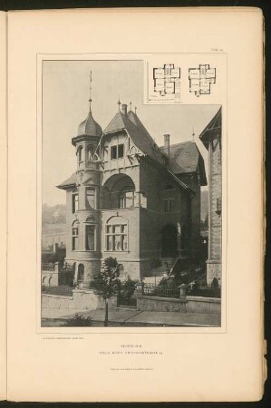 Villa Koch, Elberfeld: Ansicht und Grundrisse (aus: Stadt- und Landhäuser, hrsg. von Ernst Wasmuth, Berlin 1894)