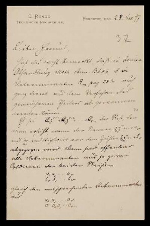 Nr. 19: Brief von Carl Runge an Adolf Hurwitz, Hannover, 28.12.1897