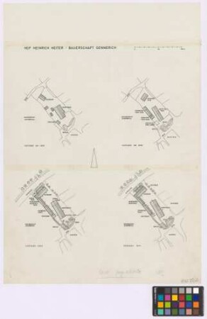 Bauerschaft Gennerich: Hof Heinrich Heiter. - Lageplan Zustand um 1826 mit Scheune, Haupthaus, Speicher, drei Nebengebäuden, Quelle. - Lageplan Zustand um 1898 mit Scheune von 1870, Haupthaus von 1850, Teich, Schweinehaus von 1898, Speicher von 1898, Speicher abgebrochen 1890, Quelle. - Lageplan Zustand 1955 mit Haupthaus, Haupthaus-Anbau von 1906, Haupthaus-Giebel von 1934, Teich, Quelle, Speicher, Schweinehaus, Maschinenschuppen von 1899, Anbau von 1935, Scheune von 1936. - Lageplan Zustand 1971 mit Scheune, Maschinenschuppen, Schweinehaus, Speicher, Quelle, Teich, Haupthaus