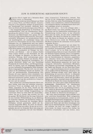 Zum 75. Geburtstag Alexander Koch's
