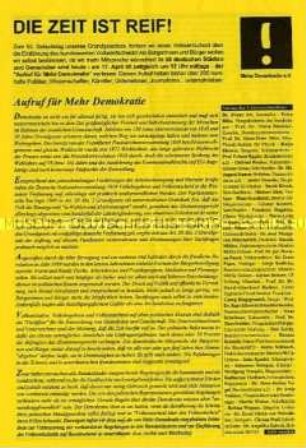 Flugblatt mit einem Aufruf einer Initiative "für mehr Demokratie" anlässlich des 50. Jahrestages des Grundgesetzes