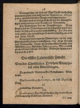 Die eilffte Calvinische Frucht. Von der Christlichen Freyheit Adiaphoris oder Mitteldingen.