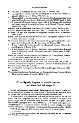 III. Mycosis fungiodes e malattie cutanee per alterazioni del sangue.
