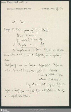 Eigenhändige Briefe von Richard Strauss an Hermann Kutzschbach - Mscr.Dresd.Aut.2683.a-e