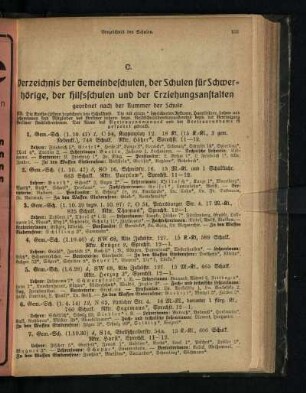 C. Verzeichnis der Gemeindeschulen, der Schulen für Schwerhörige, der Hilfsschulen und der Erziehungsanstalten