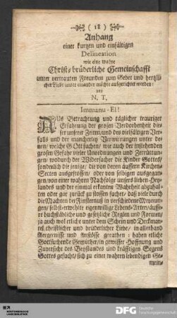 Anhang einer kurtzen und einfältigen Delineation wie eine wahre Christ-brüderliche Gemeinschafft...