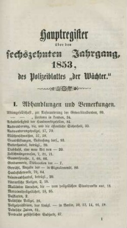 Hauptregister über den sechszehnten Jahrgang 1853, des Polizeiblattes "der Wächter"