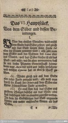 Das VI. Hauptstück. Von dem Silber und dessen Bereitungen.