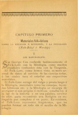 Capítulo primero. Materiales folk-lóricos sobre la religión ó mitología, y la psicología