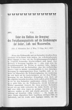 Über den Einfluß der Bewegung des Fortpflanzungsmittels auf die Erscheinungen der Äther-, Luft- und Wasserwellen