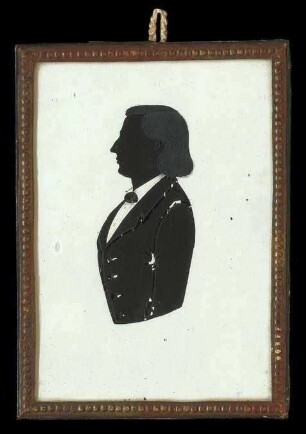 Silhouette von Wilhelm Bernhard Dölker (1816-1868), auf der Rückseite kurze genealogische Angaben, 15,5 cm hoch x 13 cm breit, im Glasrahmen Rückseite: "Geschenk von Tante Agnes Dölker Esslingen"