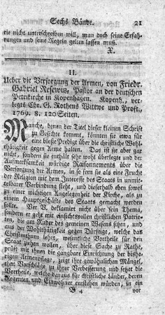 Ueber die Versorgung der Armen.