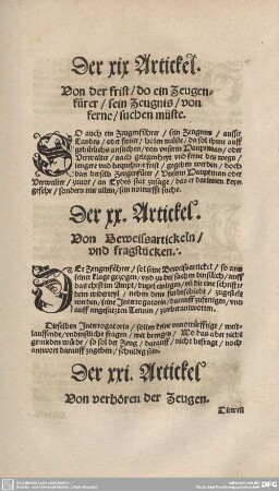 Der XX. Artickel. Von Beweissartickeln / und fragstücken.