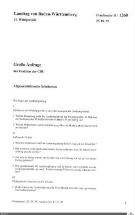 Anfrage der CDU: Allgemeinbildendes Schulwesen
