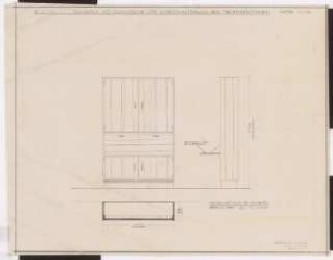 Reichsluftfahrtministerium, Berlin: Aufenthaltsraum der Telefonistinnen: Schrank mit Kochnische Ansicht, Schnitt, Grundriss 1:10