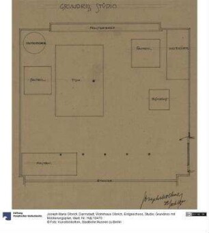 Darmstadt, Wohnhaus Olbrich, Erdgeschoss, Studio, Grundriss mit Möblierungsplan