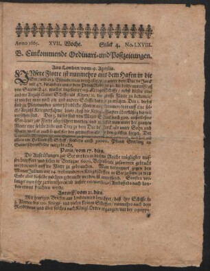 Anno 1665. XVII. Woche. Stück 4. No. LXVIII.