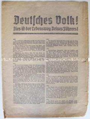 Propagandaflugblatt zur Volksabstimmung über die Übernahme des Amtes des Reichspräsidenten durch Hitler mit einer Kurzbiografie Hitlers