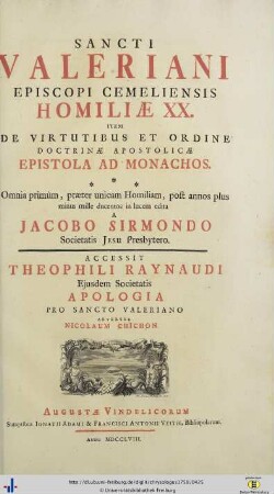 Sancti Valeriani Episcopi Cemeliensis Homiliae XX.